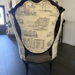 Antique chair newly upholstered/wood ornat