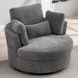 52" W Oversized Swivel Accent Chair, Upholstered Round Barrel Chair, Chenille