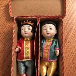 Pair Of Antique Japanese Traditional Dolls With Ceramic Faces 6 inches Tall 1950s