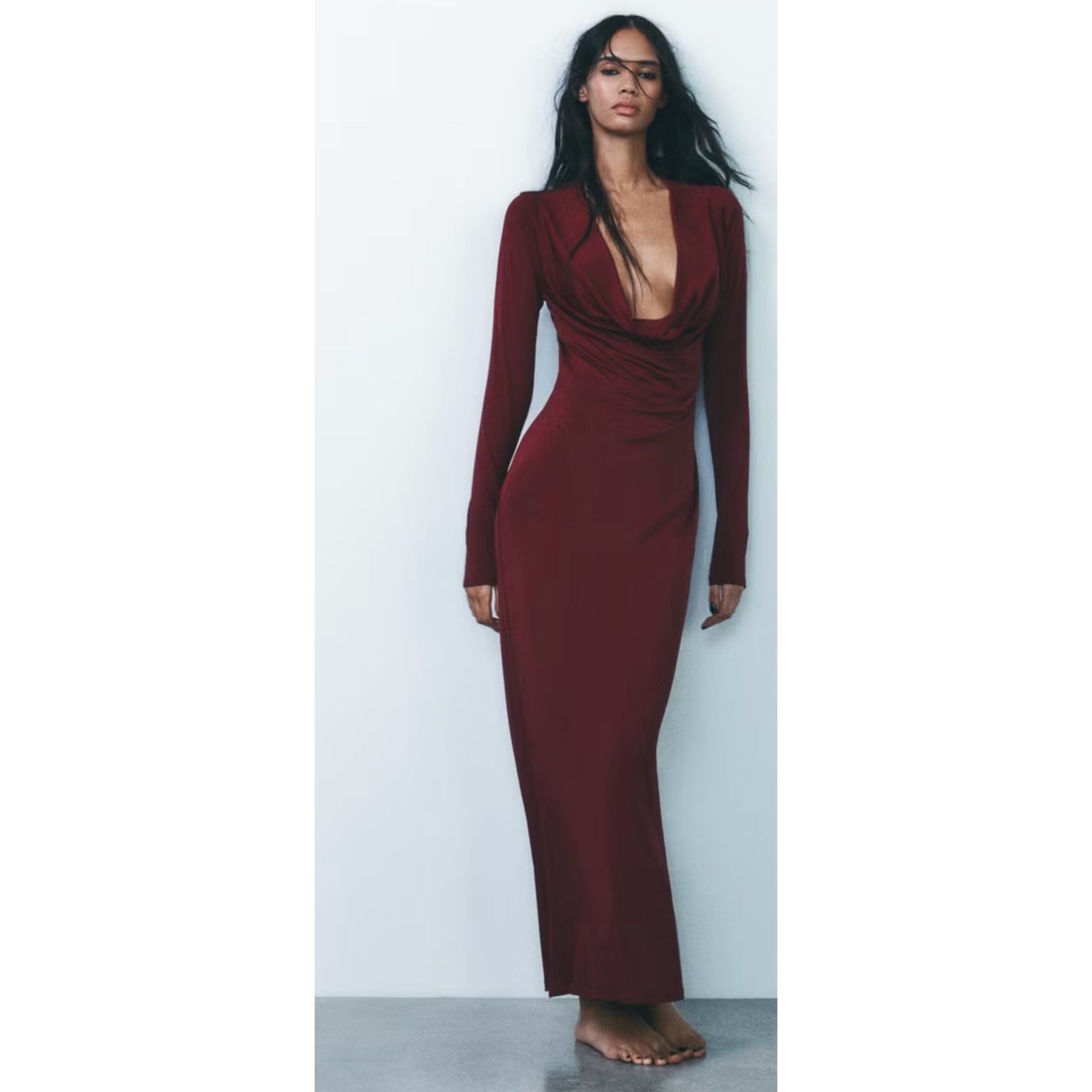Zara Burgundy Long Draped Open Back Dress With Plunging Neck Size Medium NEW with tags