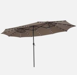 15FT Twin Patio Double-Sided Umbrella 48 Solar LED Lights Coffee