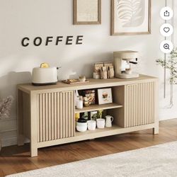 Oak 65 Inch Fluted TV Stand with Open Shelves and Storage Cabinets $120 