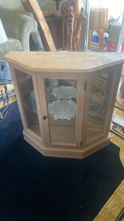 display cabinet wood with glass front and shelves