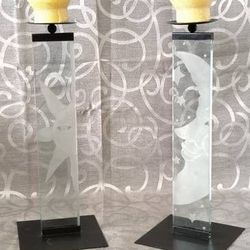Etched Sun Crescent Moon Clear Column Glass Black Metal Pedestal Candle Holders