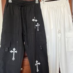 Y2K Cross Graphic & White Cargo Pants (Size XS)