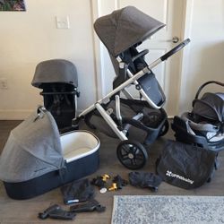 Uppababy Vista V2 single double stroller with 2 seats, bassinet and Aria car seat