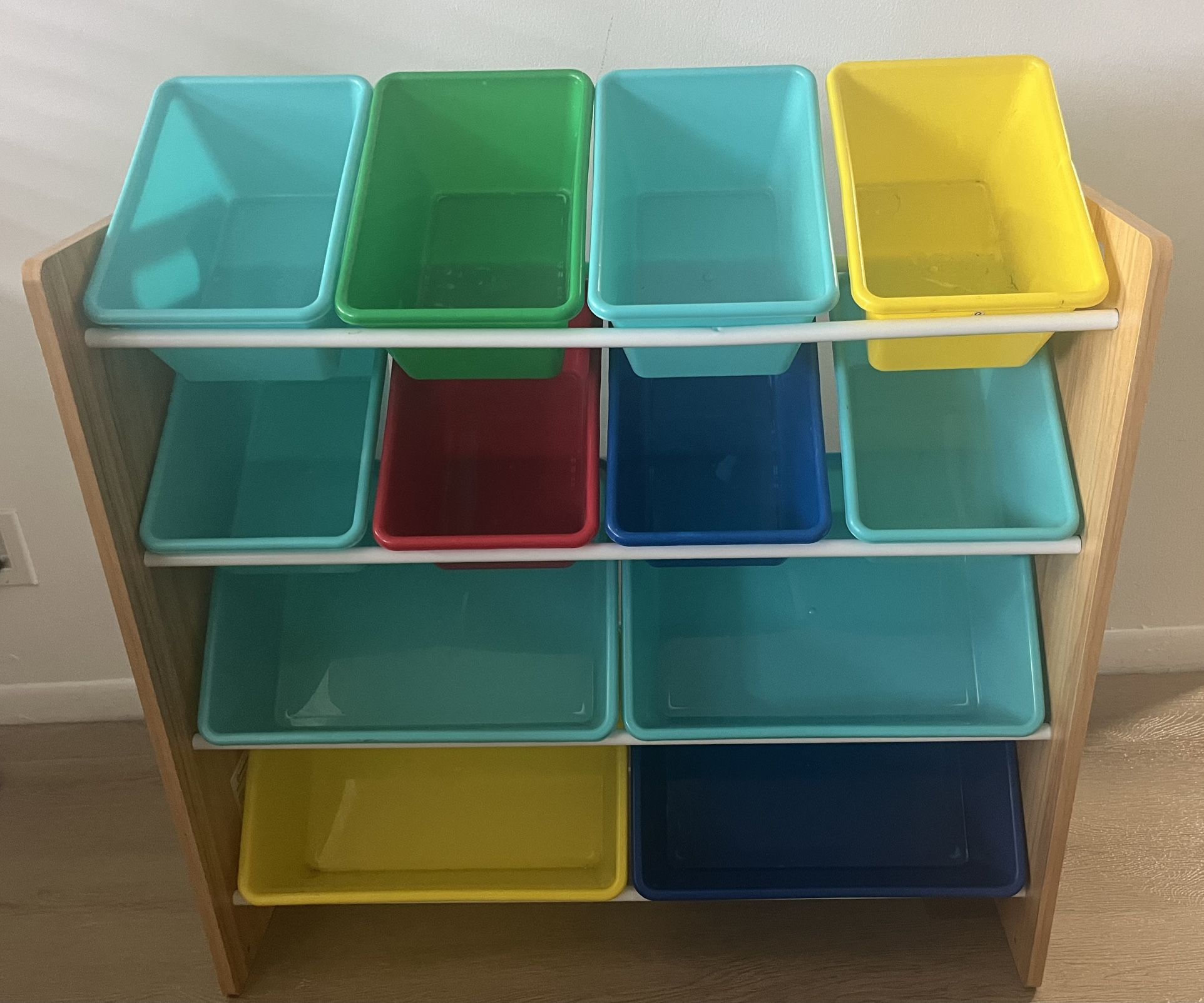 Amazon Basics Kids Toy Storage Organizer With 12 Plastic Bins, Natural Wood With Bright Bins