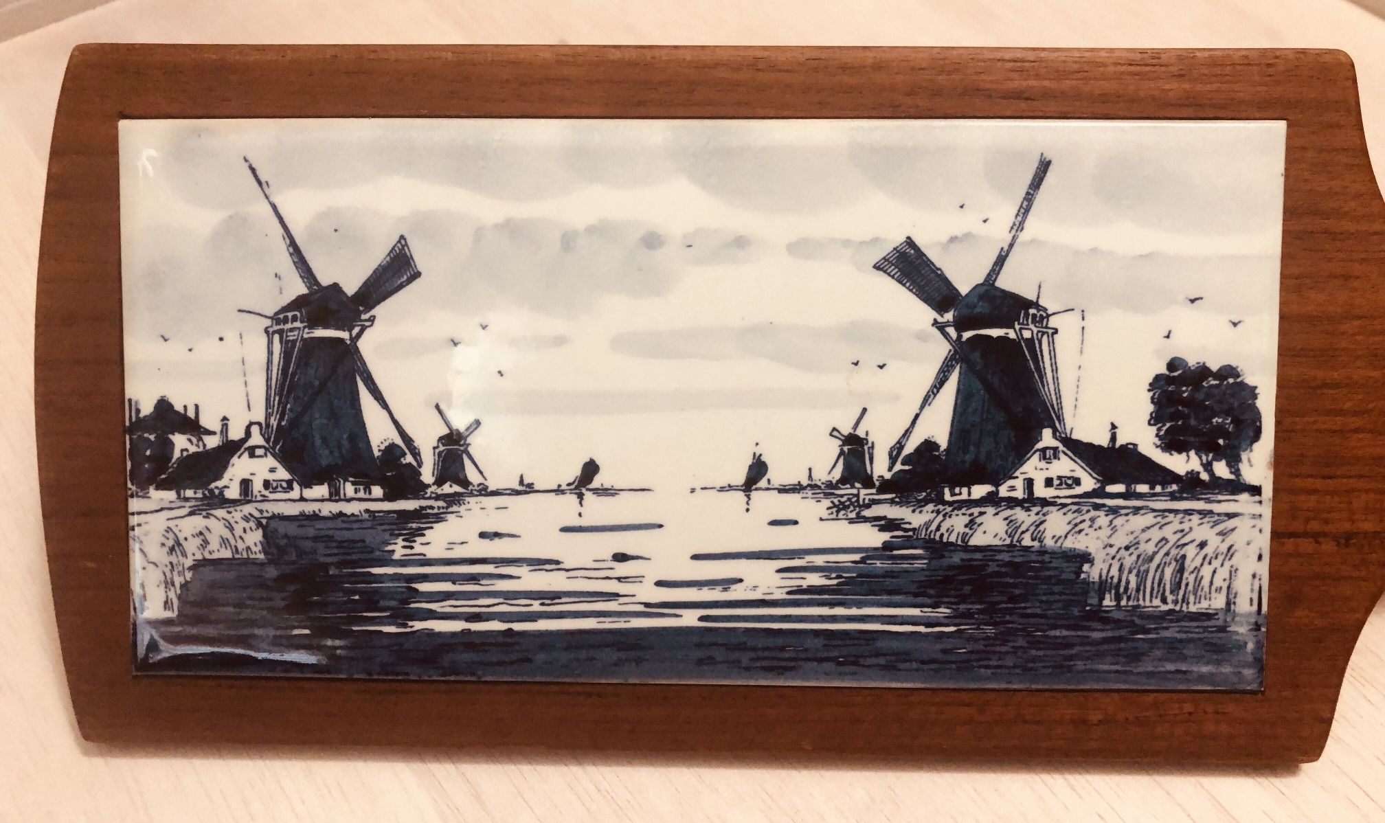 Vintage Delft Blue Windmill Tile and Wood cutting board