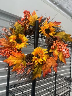 Fall Harvest Wreath with Sunflowers and Leaves