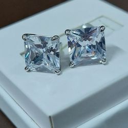 Square White CZ Princess Cut Solitaire Stud Earrings (NEW)