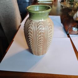 Pottery Vase Green Glaze Leaf Pattern 