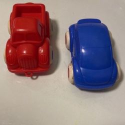 Vintage Viking Toys Sweden Red Plastic Pickup Truck And Blue Volkswagen Bug