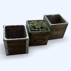 3 Brown Square Rustic Wooden Planter Trio Silver Metal Crate Boxes Farmhouse