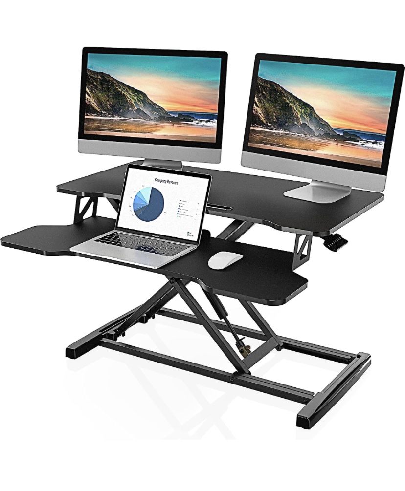 Height Adjustable Standing Desk 32” Wide Sit to Stand Converter Stand Up Desk Tabletop Workstation for Laptops Dual Monitor Riser Black SD308001WB