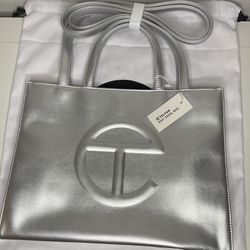 Telfar Silver Medium Shopping Bag, Guaranteed Authentic