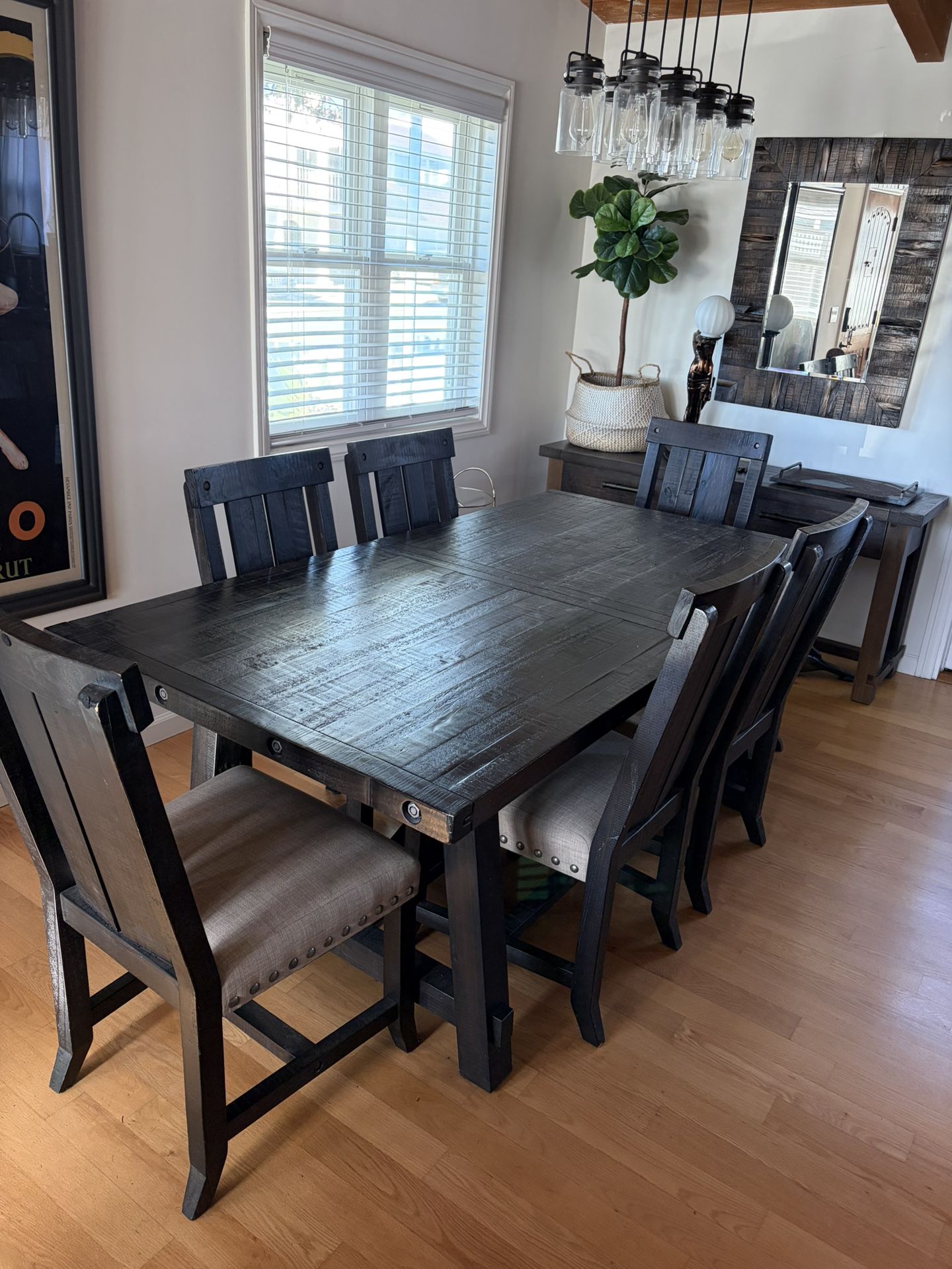 Rustic Dark Wood Dining Table & 6 Chairs