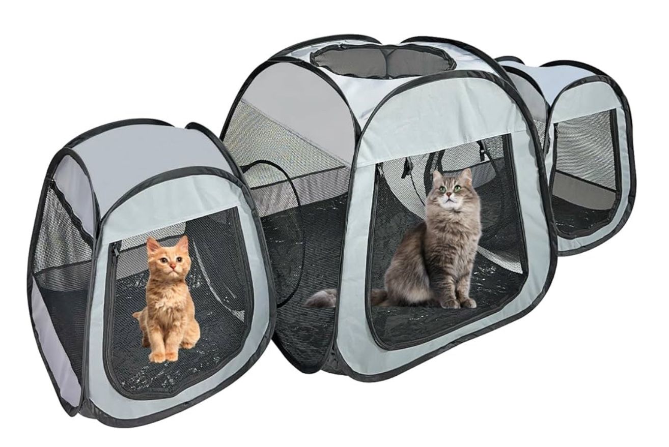 Large Cat Playpen for Indoor Outdoor Cats Enclosed, Foldable Three-Trapezoidal Design for Better Standing, Portable Pet Tent for Kitten Puppy, Dog Pla