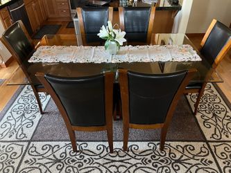 Dinning set - Glass table top with wooden base + 6 chairs