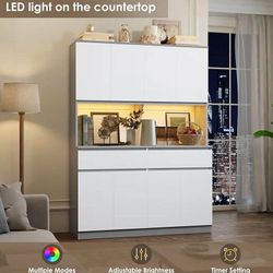 75"H x 55"W Kitchen Pantry Cabinet with LED Lights and Doors, Large Kitchen Hutch Storage Cabinet with Drawers, Food Pantry with Microwave Stand and C