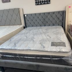 Grey Velvet Queen Bed With Eurotop Mattress 