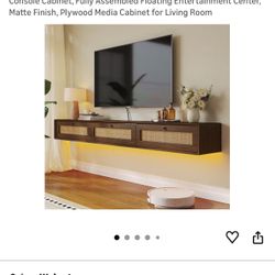 70'' Floating TV Stand with Rattan Doors, Wall Mount TV Console Cabinet, Fully Assembled Floating Entertainment Center, Matte Finish, Plywood Media Ca