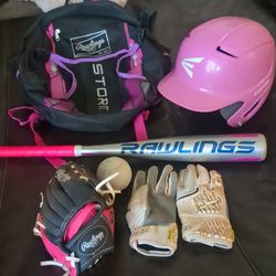 Rawlings Storm Pink And Black Backpack, T-ball Baseball Bat, Xprotex Gloves, Easton Helmet, Softballs And Catchers Mitt 