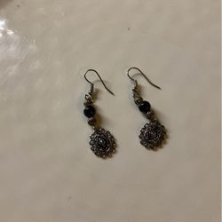 Earrings, Hand Made In Silver Color And Black Beads