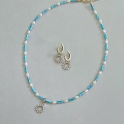 Natural Pearl & Freshwater Shell necklace set with 18K Gold Plated Earrings - turquoise & gold - Handmade Necklace