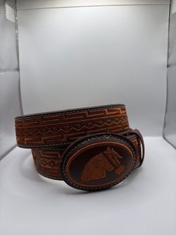 Size 34 Brown Leather Western Belt with Horse Buckle