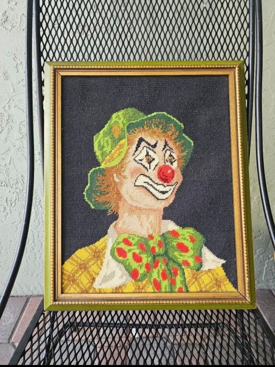 Vintage Clown Needlepoint Framed Rare