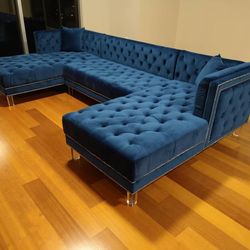 Prada Blue Velvet Double Chaise Sectional /couch /Living room set