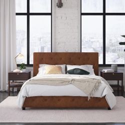 Platform Bed, Queen, Camel Faux Leather