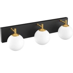 Mid Century Modern Bathroom Vanity Light 3 Lights Milky White Glass Shades Black/Golden