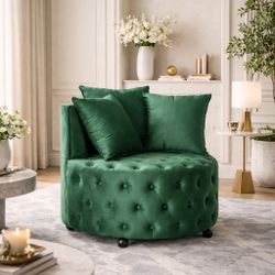 Green Velvet Upholstered Swivel Chair for Living Room with Button Tufted Design and Movable Wheels Including 3 Pillows  [NEW] **Assembly Req** 