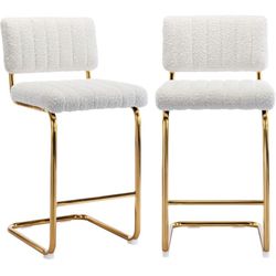  26 Inch Counter Stool, Modern Counter Height Bar Stools Set of 2, White Bar Stools with Boucle Farbic and Gold Metal Base, Upholstered Bar Chair for 