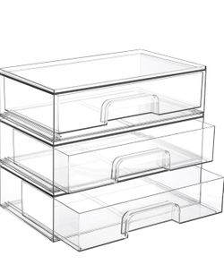 3 Pack Stackable Makeup Organizer, 12.1''L Acrylic Bathroom Organizer and Storage Undersink Drawer, Cosmetics and Beauty Supplies,Clear Plastic Storag
