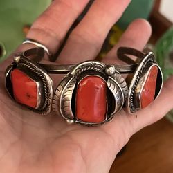 Antique Navajo Sterling Silver Leaf & Vine And Coral Cuff Bracelet 