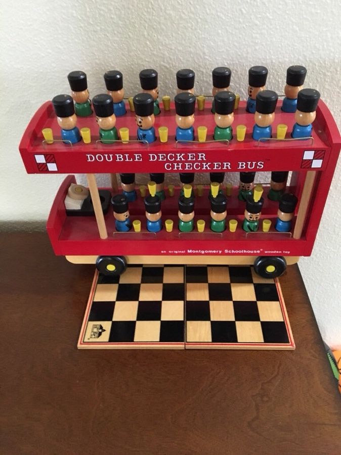 Wooden Double Decker Checkers Bus Game. "Buckingham Palace". Made by Montgomery Schoolhouse