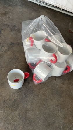 White Ceramic Mugs with Red Handles – Bulk Lot