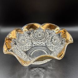 Vintage Pressed Glass Bowl Candy Dish with Beveled Gold Trim