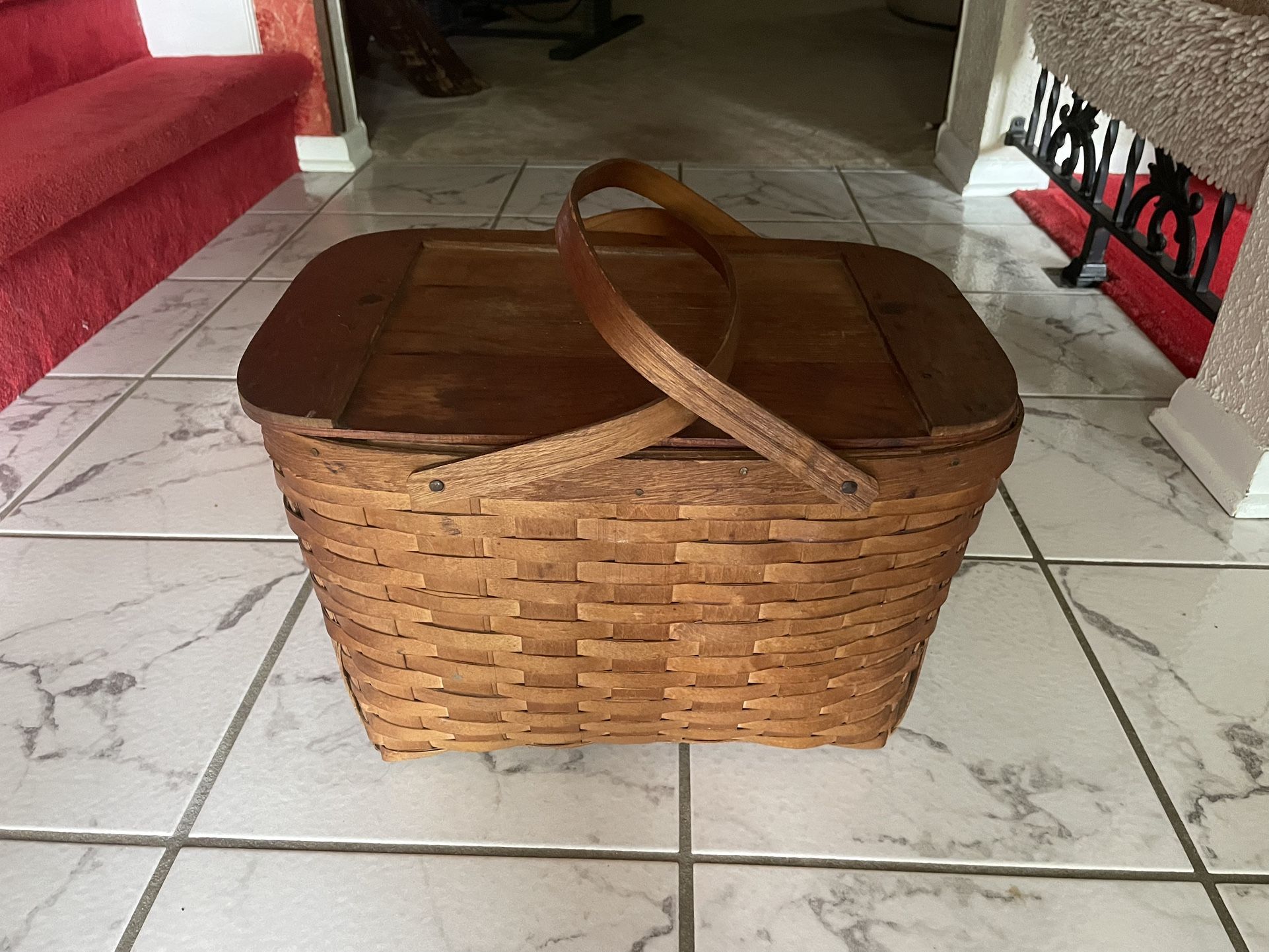 Vintage 1950’s Wood Weave Picnic Basket