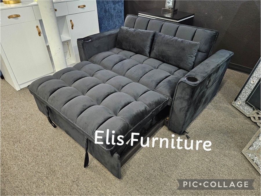 Brand New Sofa Pull Out Bed Futon Back Black Or Grey Velvet $389 + Tax 