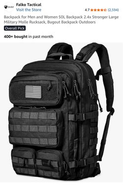 Falko Backpack for Men and Women 50L Backpack 2.4x Stronger Large Military Molle Rucksack, Bugout Backpack Outdoors