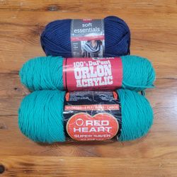 Lot of 3 Skeins Green & Blue Yarn ~ Red Heart & DuPont Yarns ~ Weights 4 & 5