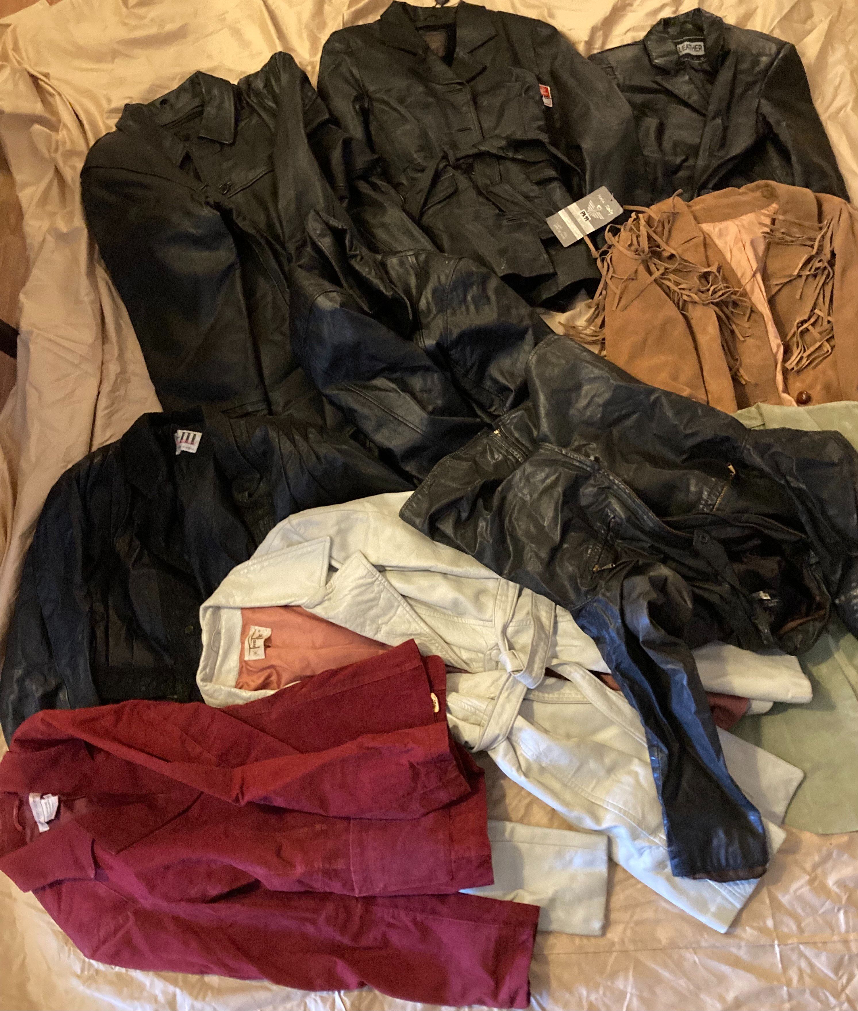 9 Nice Leather Jackets, Coat, Some Still New, Not Sold separately, Just in a Lot for Cheaper. I have 14 Boxes of Nice mostly ladies jeans, all differ