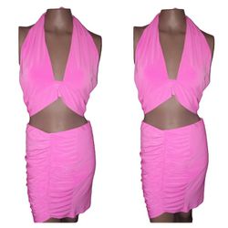 2 Pc. Pink Crop Halter Top Scrunchie Skirt Set Size Medium 