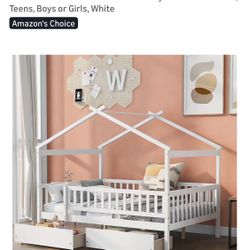 Full Size Wooden House Bed with Two Drawers, Wood Bed Frame with Roof and Safety Guardrail for Kids 