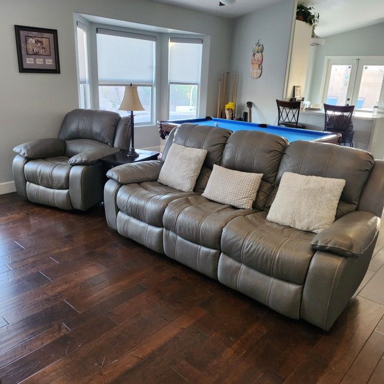 Genuine Leather Gray Power Reclining Sofa & Recliner