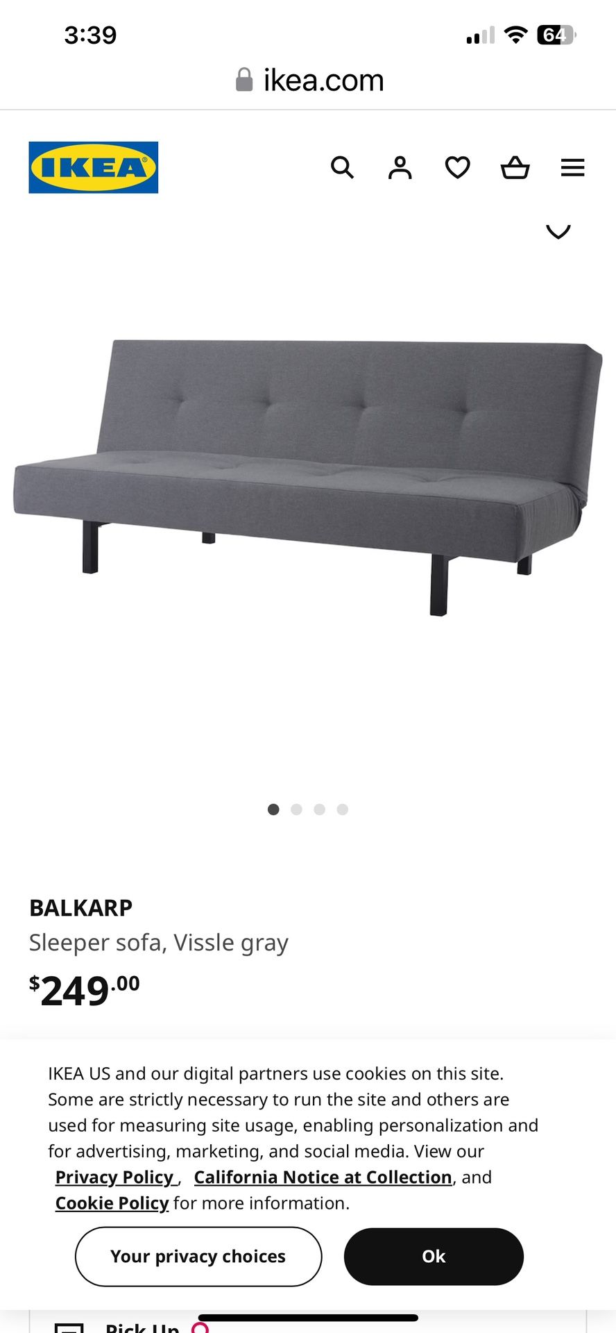 IKEA FOLD DOWN COUCH GRAY