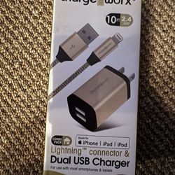 Brand New 10 Foot Lightning Connector And Dual USB Charger Brand New Unopened Box Only $10!